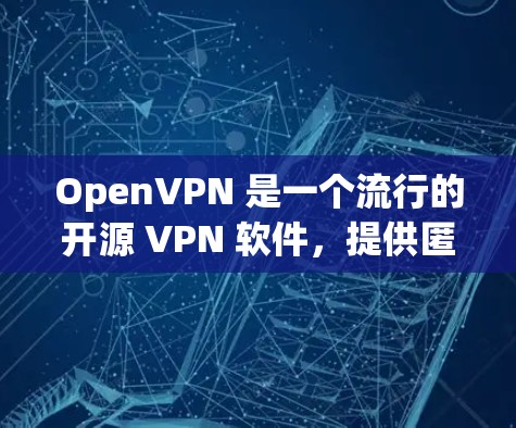 OpenVPN 是一个流行的开源 VPN 软件,提供匿名网络访问和安全连接功能。您可以通过以下步骤安装和配置 OpenVPN OpenVPN 是一个流行的开源 VPN 软件,提供匿名网络访问和安全连接功能。您可以通过以下步骤安装和配置 OpenVPN